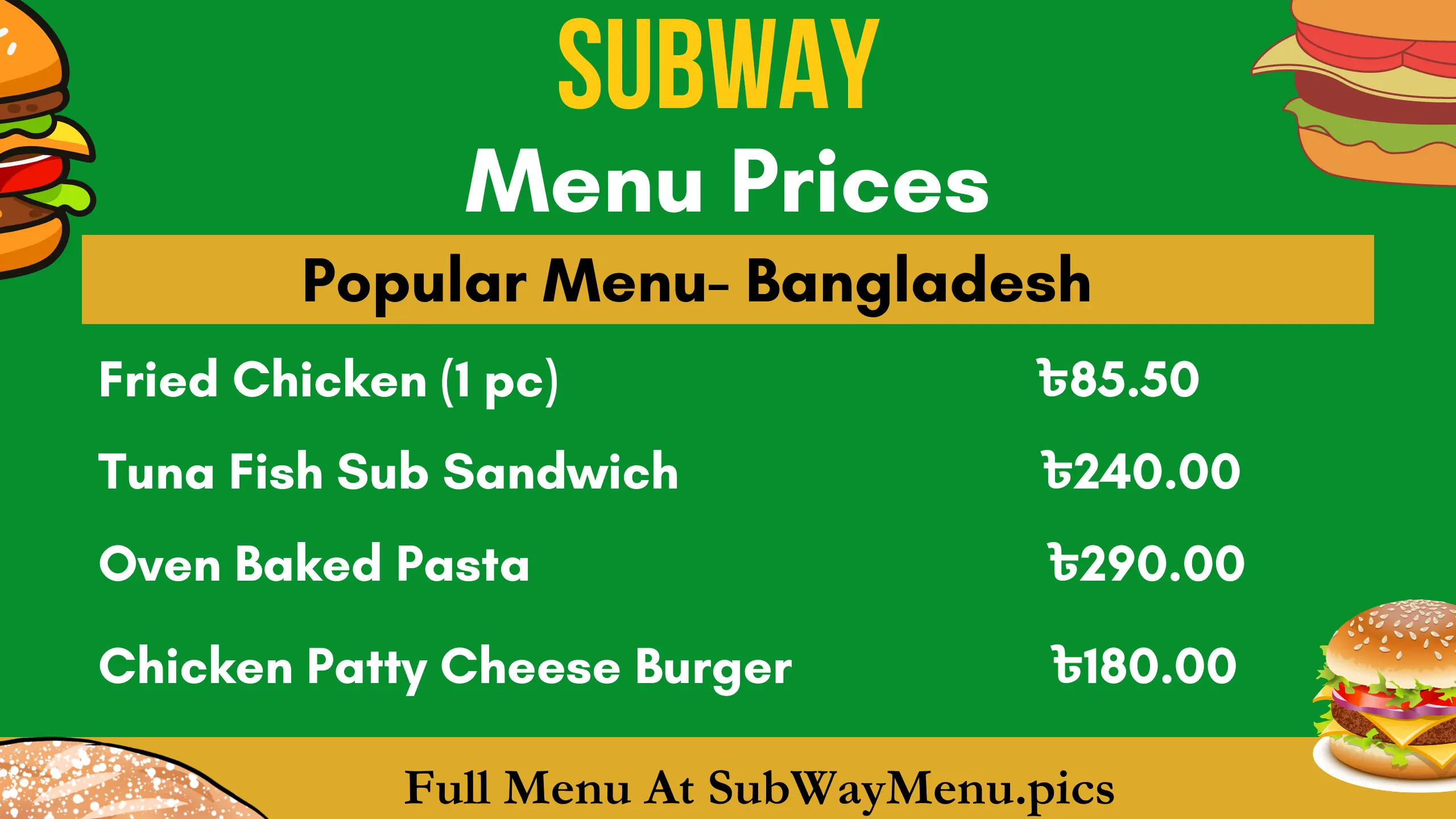 Subway Menu Prices (Bangladesh)