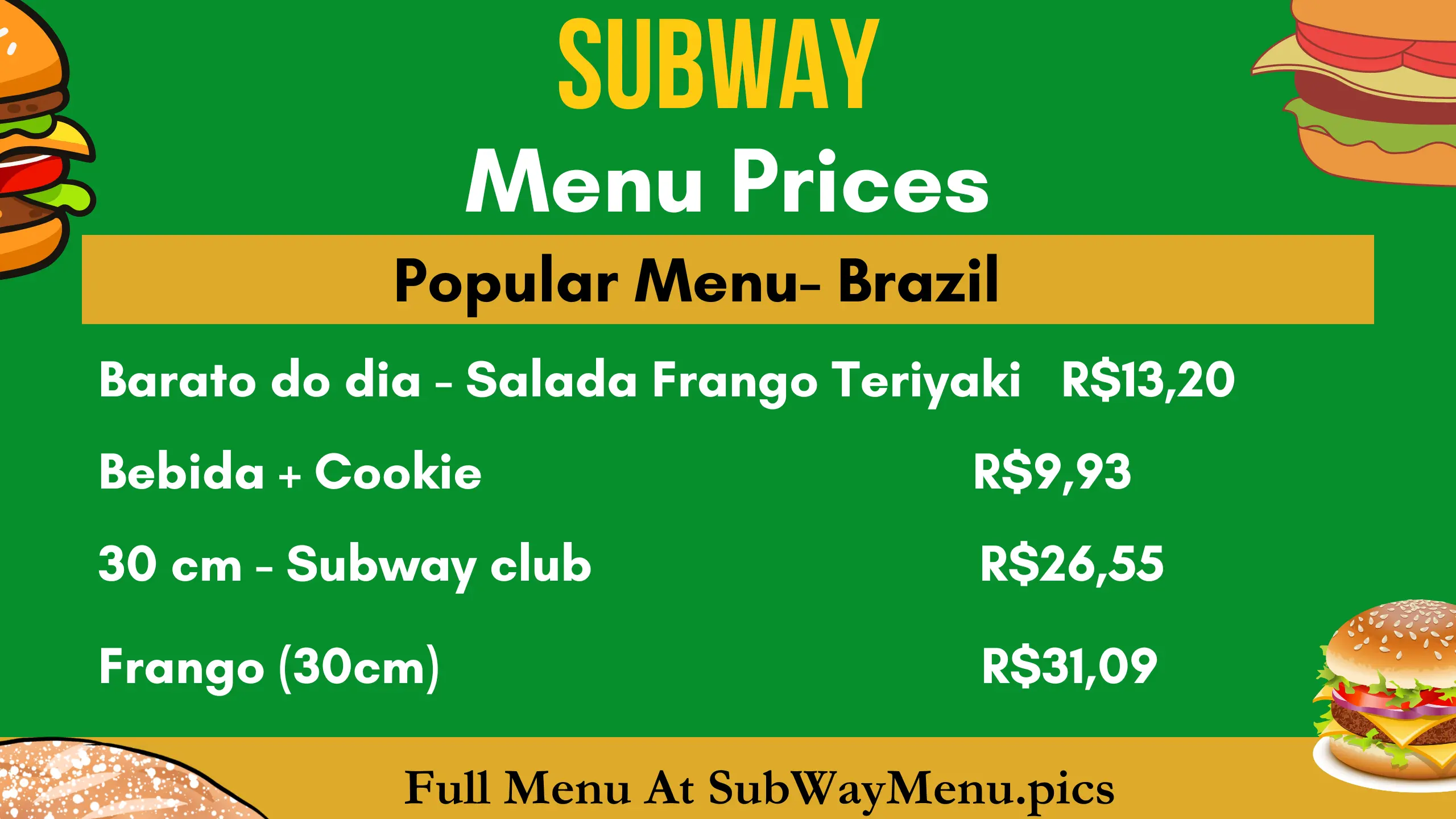 Subway Cardápio Preços (Brazil)